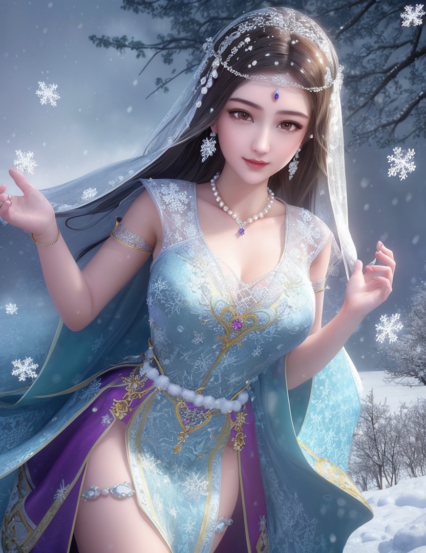ultra realistic 8k cg, flawless, clean, masterpiece, professional artwork, famous artwork, cinematic lighting, cinematic bloom, perfect face, beautiful face, fantasy, dreamlike, unreal, science fiction,   lace, lace trim, lace-trimmed legwear, luxury, jewelry, diamond, gold, pearl, gem, sapphire, ruby, emerald, intricate detail, delicate pattern, charming, alluring, seductive, erotic, enchanting, hair ornament, necklace, earrings, bracelet, armlet,halo,autumn,((,1girl, pov,best quality, ))  , ((((1girl, solo,outdoors, large breasts,,snowflakes,  snow, snowing,   ))))    <lora:DA_BaiCai:0.7>