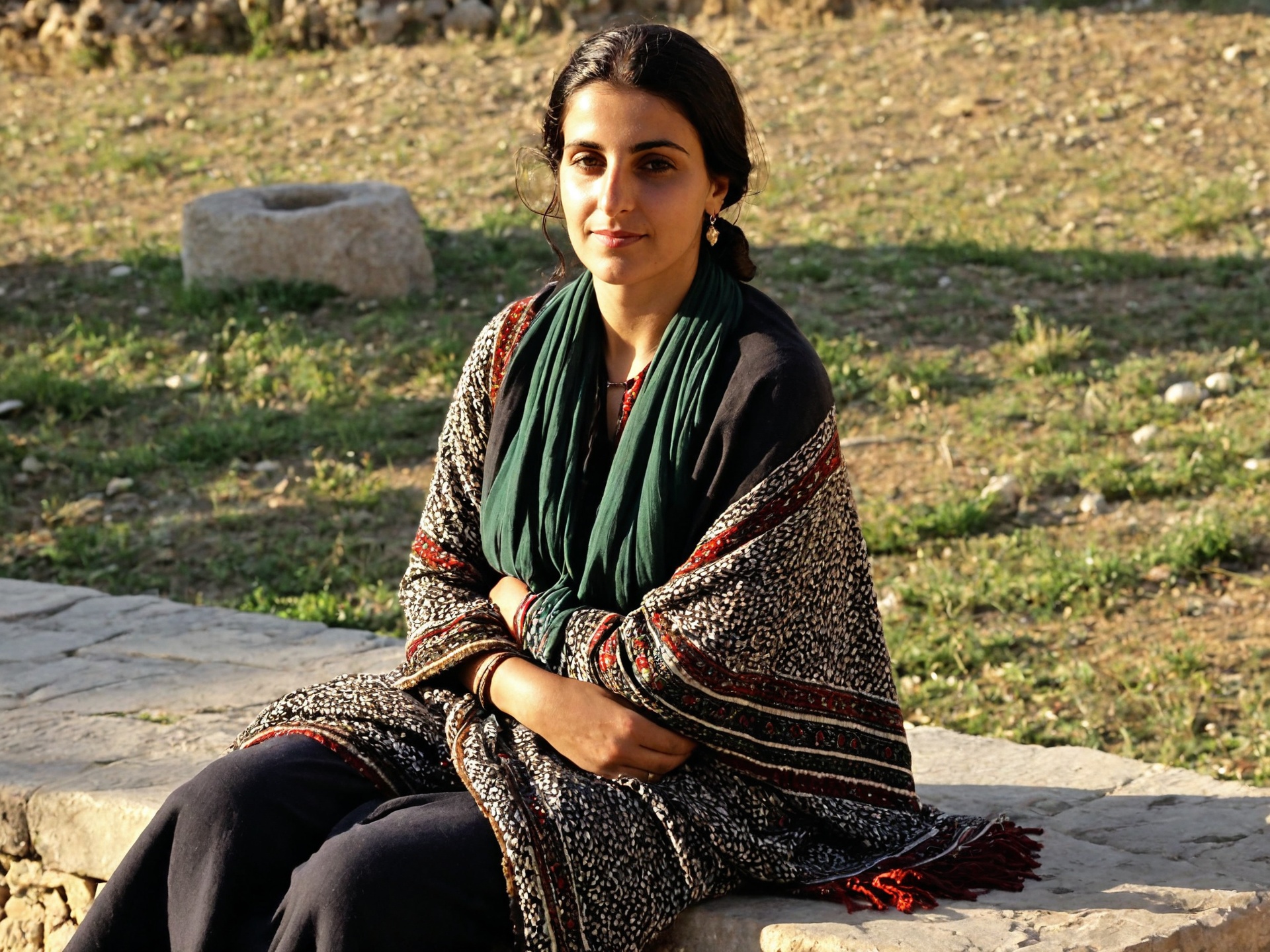 A portrait of a 33-year-old Kurdish woman seated on a stone bench,  her long black hair in a low bun and a patterned shawl...