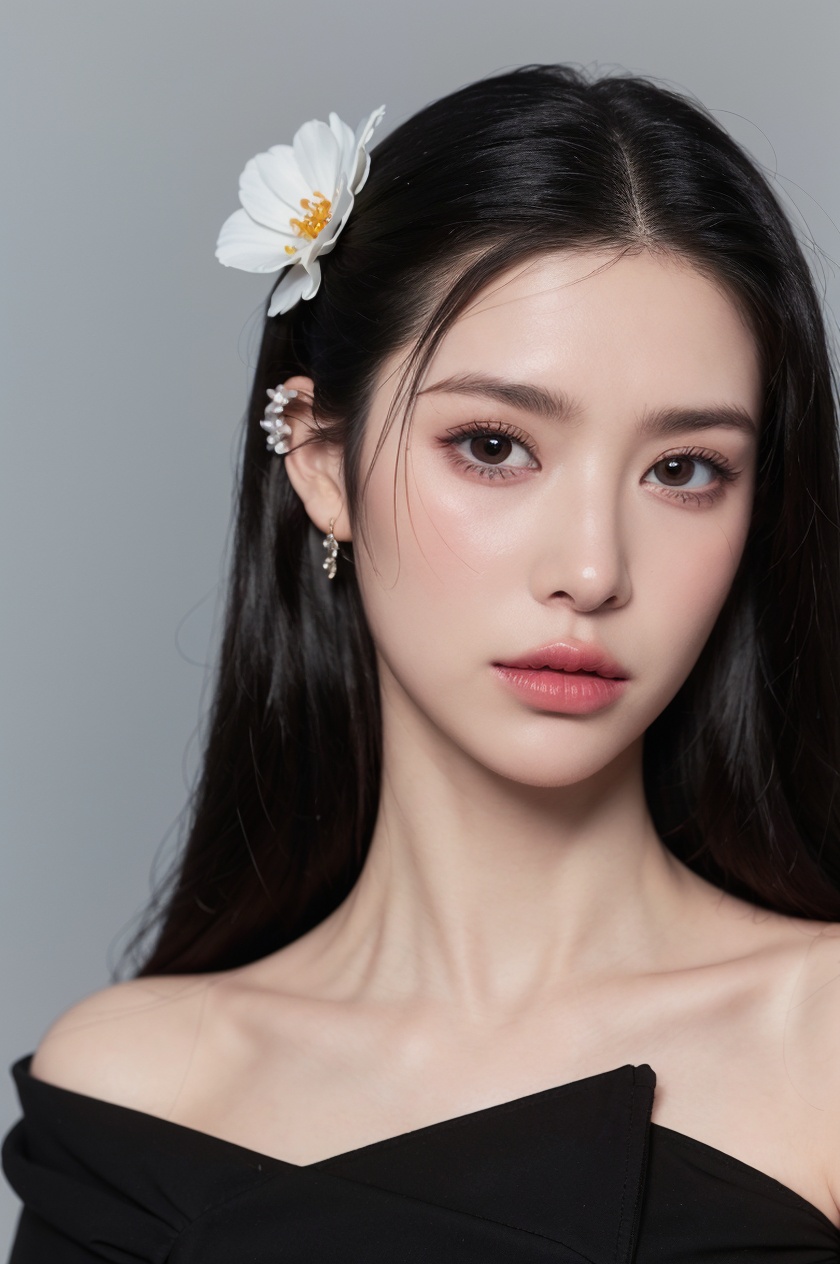 1girl, solo,(front view:1.2),(looking_at_viewer:1.4),(eye-contact:1.4),,black hair, long hair, jewelry, realistic, earrings, hair ornament, black eyes, lips, collarbone, parted lips, flower, watermark, upper body, portrait, hair flower, dress, web address,  <lora:YG红颜阁美女3:0.8>,