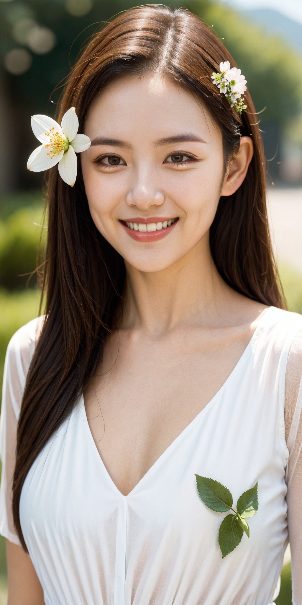 1girl, realistic, solo, flower, long hair, brown hair, smile, teeth, looking at viewer, hair ornament, upper body, grin, hair flower, brown eyes, photorealistic, dress, white dress, white flower, shirt, blurry, lips, see-through, white shirt, signature, asian, artist name, blurry background, nose, black eyes, sunlight, floral print, collarbone, forehead