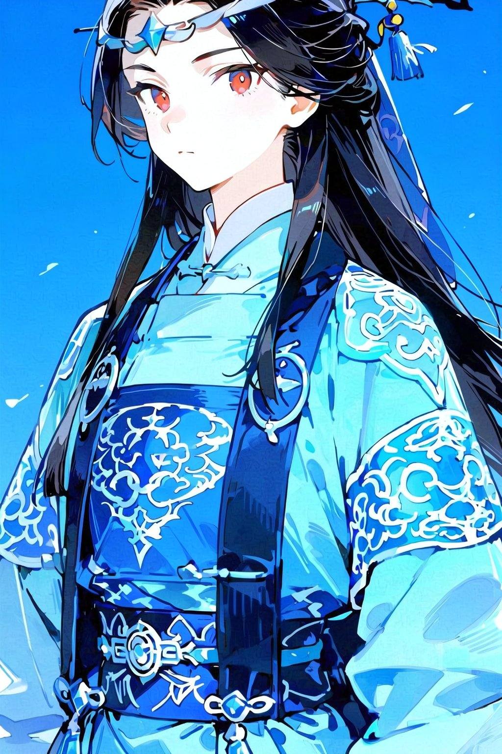 Close-up of an Asian woman with long black hair. Dressed in a blue hanfu,  decorated with intricate designs. The woman's f...