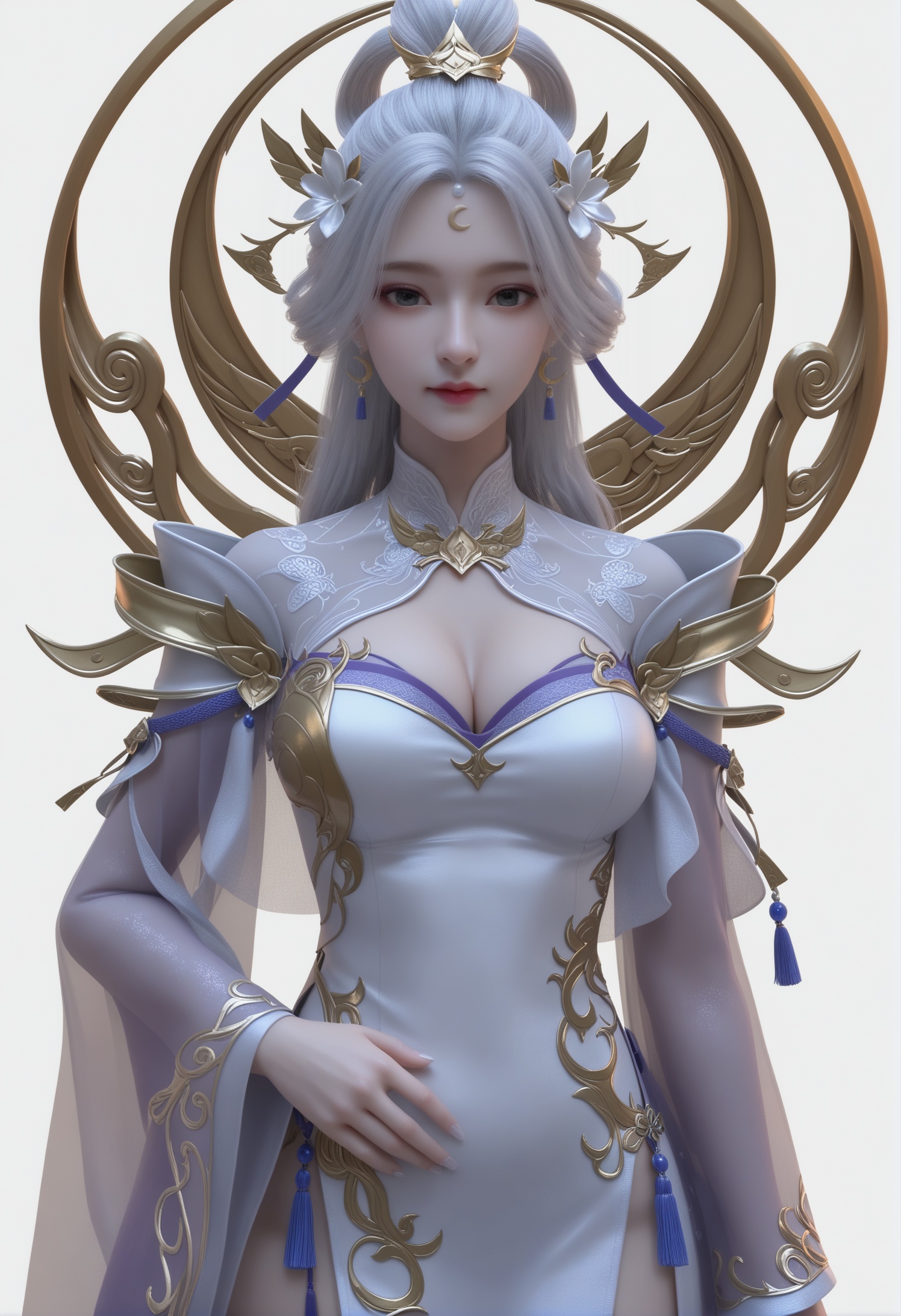 score_9,score_8_up,score_7_up,1girl,solo,realistic,(looking at viewer:1.1),(suneate:1.5),(the sun shines on the face:1.6),1girl,solo,realistic,dress,white dress,purple dress,chinese clothes,long dress,blue dress,china dress,wide sleeves,see-through sleeves,see-through,shoulder armor,tassel,tassel hair ornament,ribbon,long sleeves,clothing cutout,blue robe,purple ribbon,strappy heels,purple footwear,high heels,1girl,solo,realistic,jewelry,forehead mark,forehead jewel,halo,moon,hair stick,hair rings,hair ribbon,hair ornament,hair flower,flower,earrings,crescent hair ornament,crescent facial mark,crescent earrings,crescent moon,crescent,bracelet,blue ribbon,armor,1girl,solo,1girl,solo,realistic,(mature face:1.4),(big eye:1.1),(pale_skin:1.3),(shiny_skin:1.2),(slender face:1.1),long hair,white hair,grey hair,parted bangs,hair bun,bare shoulders,grey eyes,eyelashes,eyeshadow,red lips,closed mouth,realistic,falling petals,flower sea,butterfly,glowing butterfly,(white background:1.2),big breasts,(cleavage:1.1),cleavage cutout,<lora:小巳-月皇:0.85>,