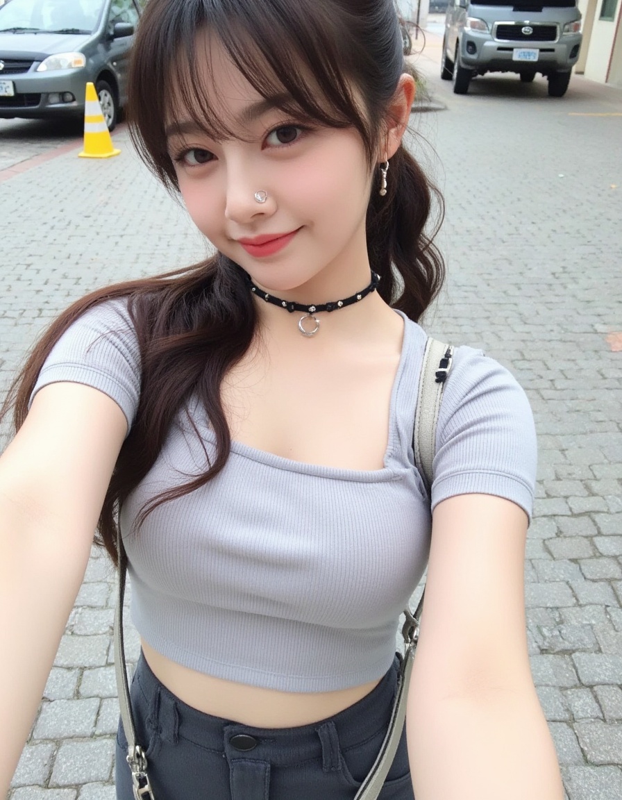 This is a high-resolution photograph of a young woman,likely in her early teenage years,standing outdoors on a paved surface,possibly a parking lot or a plaza. She has fair skin,dark brown hair styled in a loose,side-parted ponytail with bangs framing her face. Her facial features are delicate,with a small nose and full lips,and she has a silver nose ring and a small silver hoop earring in her left ear. She is wearing a tight,light grey crop top that accentuates her large-sized breasts,and high-waisted,dark grey shorts. A black choker with thin black ribbons drapes around her neck,adding a touch of edginess to her outfit. A silver crossbody bag is slung over her right shoulder,and she holds a phone in her left hand,taking a selfie. The background shows a few parked cars and a yellow traffic cone,suggesting a public or semi-public space. The ground is composed of small,square grey pavers,and the overall lighting is natural,indicating it is daytime. The image has a casual,candid feel,capturing a moment of everyday life.,