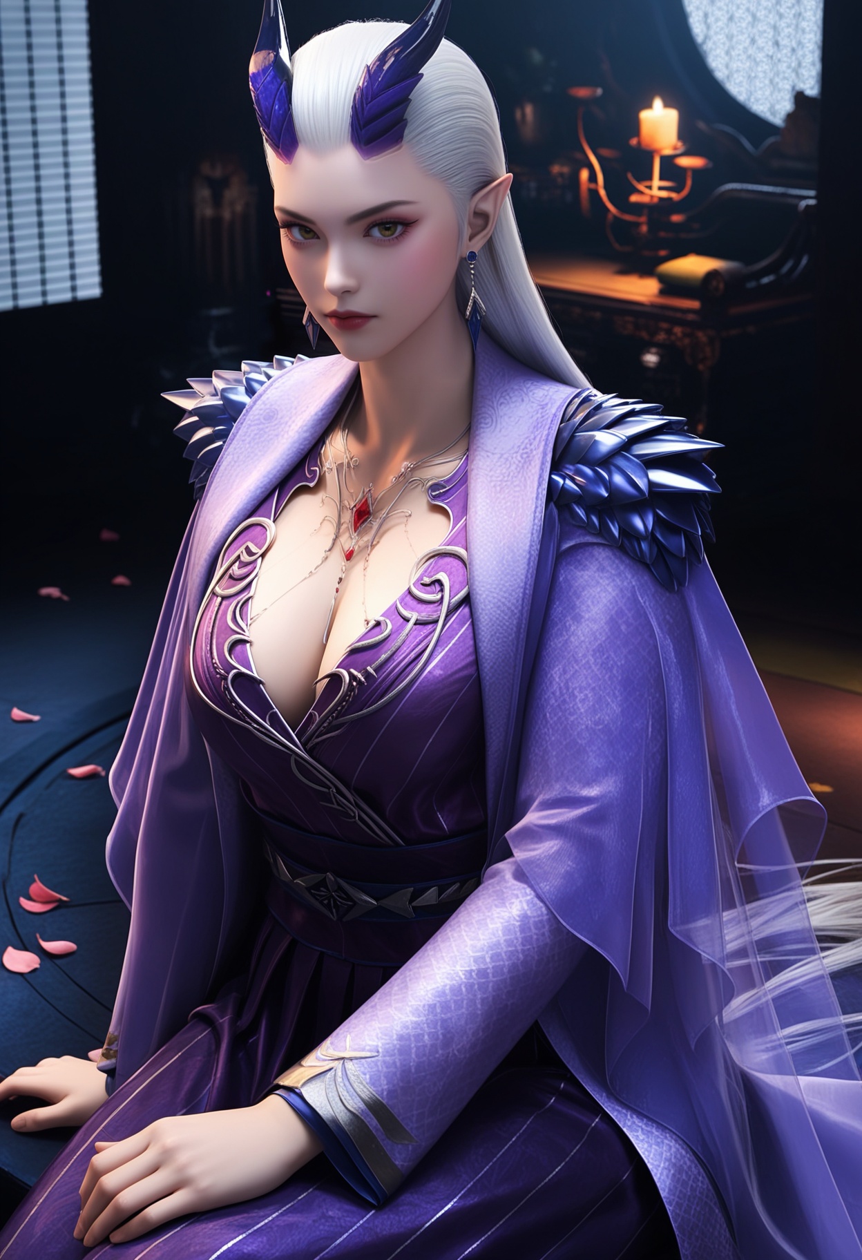 masterpiece,best quality,amazing quality,very aesthetic,high resolution,ultra-detailed,absurdres,scenery,photorealistic,(looking at viewer:1.1),upper body,(Dark room:1.3),(moody lighting:1.1),peach blossom,falling petals,(large breasts:0.8),monasuo,1girl,solo,white hair,long hair,jewelry,horns,earrings,pointy ears,necklace,closed mouth,dress,makeup,purple dress,long dress,long sleeves,red lips,brown eyes,barefoot,sitting BREAK photorealistic details,<lora:QQSillmonasuoV1:0.8>,