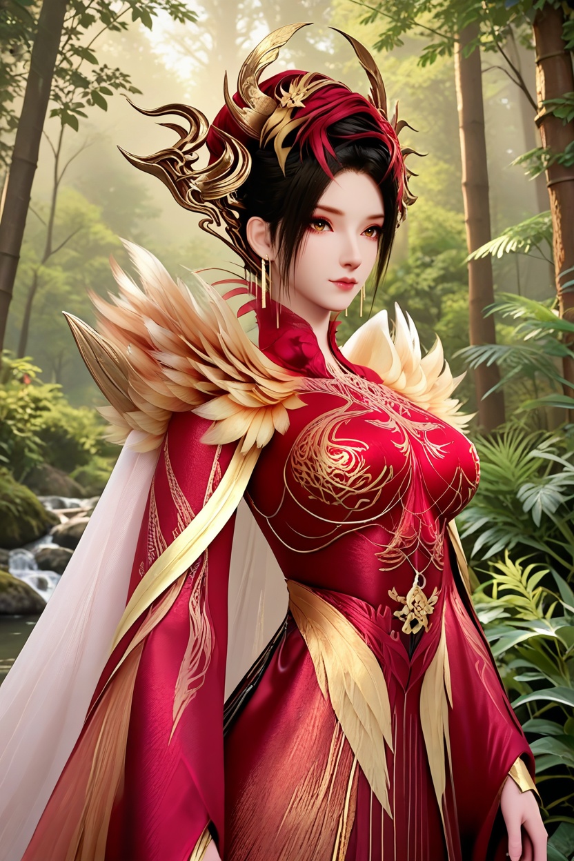 Seated on a velvet divan in an opulent ballroom, she emanates regal elegance and sophistication,<lora:XL16神国之上神子娘娘:1.05>,1girl,red corset gown,brown eyes,black hair,red streaked hair,hair ornament,yellow feathers capelet,white cape train,wide flowing sleeves,(large breasts:1.2),bamboo forest,water,river,stone,, score_9,score_8_up,score_7_up,score_6_up,score_5_up,score_4_up,3d rendering,tag1,tag2, Cinematic Lighting,backlighting,