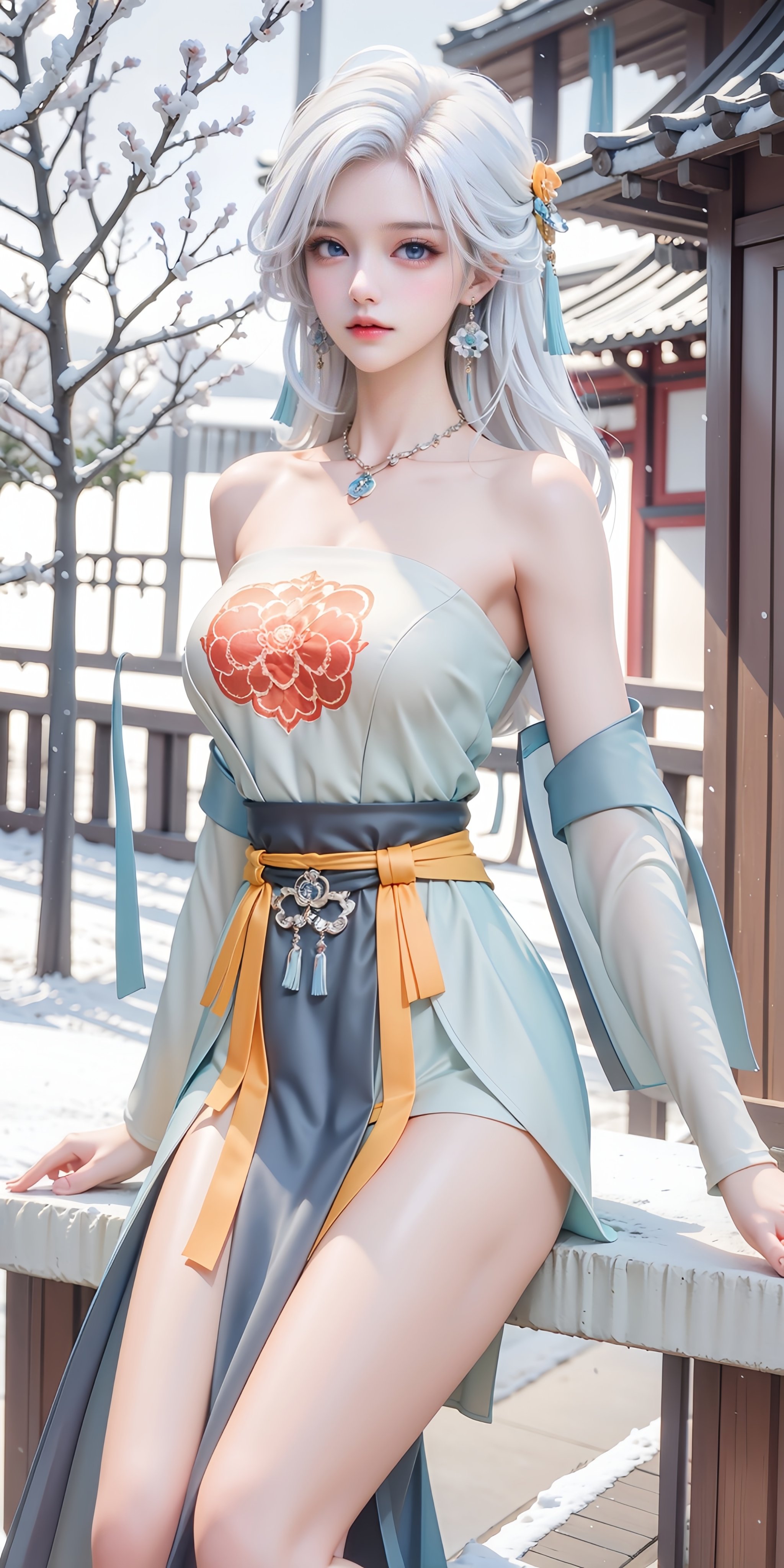depth scene,<lora:MY_20240109230808:0.75>,MY,1girl,solo,jewelry,hanfu,hair stick,necklace,blue eyes,hair ornament,chinese clothes,white hair,looking at viewer,earrings,dress,bare shoulders,long sleeves,wide sleeves,tree,scenery,outdoors,snow,shrine,east asian architecture,winter,plum_blossom,shimenawa,(sitting:1.3),, (raw photo:1.2),((photorealistic:1.4))best quality,masterpiece,illustration,an extremely delicate and beautiful,extremely detailed,CG,unity,8k wallpaper,Amazing,finely detail,masterpiece,best quality,official art,extremely detailed CG unity 8k wallpaper,absurdres,incredibly absurdres,huge filesize,ultra-detailed,highres,extremely detailed,beautiful detailed girl,cinematic lighting,1girl,pale skin,tall female,(perfect body shape),skinny body,Slender legs,