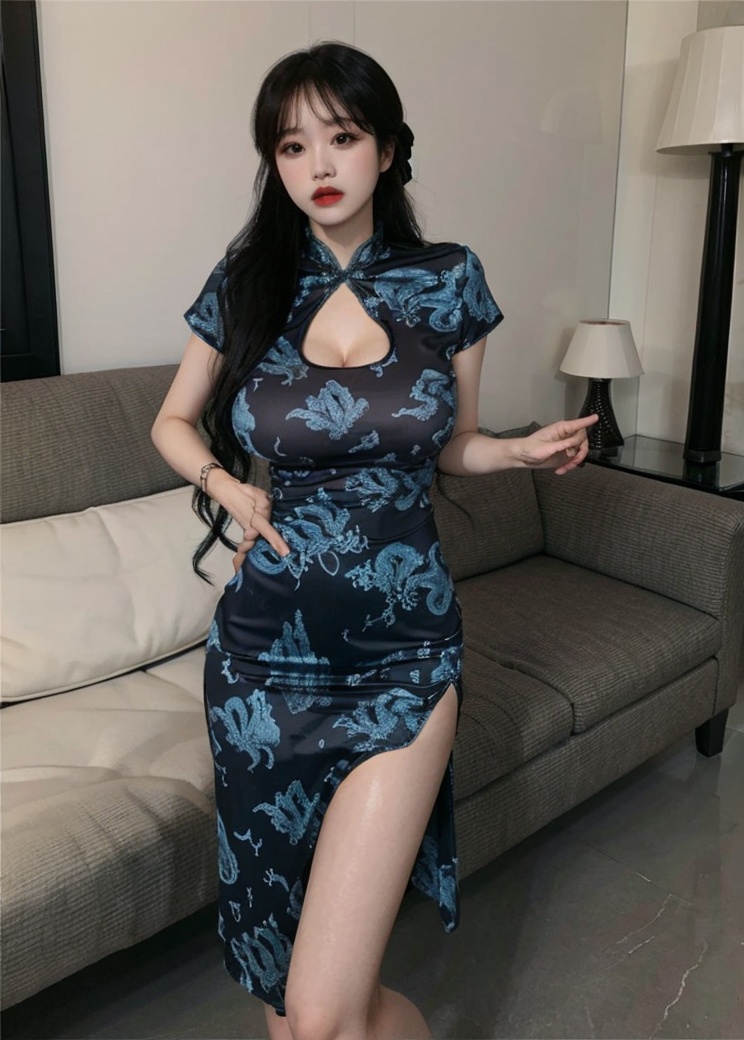 (masterpiece, best quality:1.4),finely detailed,1girl,solo,pale skin,perfect body,(gigantic breasts:1.2),standing,<lora:killer性感蓝色旗袍v1.0-000008:0.8>,blue dress,china dress,chinese clothes,clothing cutout,