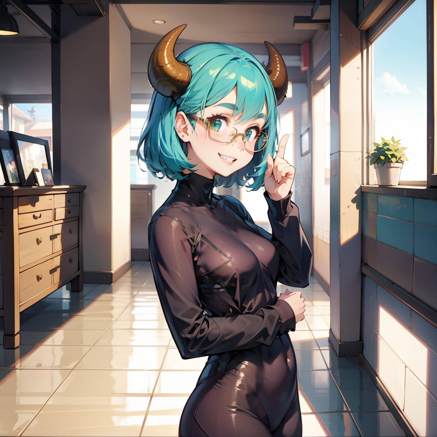 1girl,lolita,cow  horns,glasses,Bending,middle finger,grin,tile_floor,Fisheyes,masterpiece,top quality,best quality,official art,beautiful and aesthetic,animation,<lora:lolita_v1:1>,
