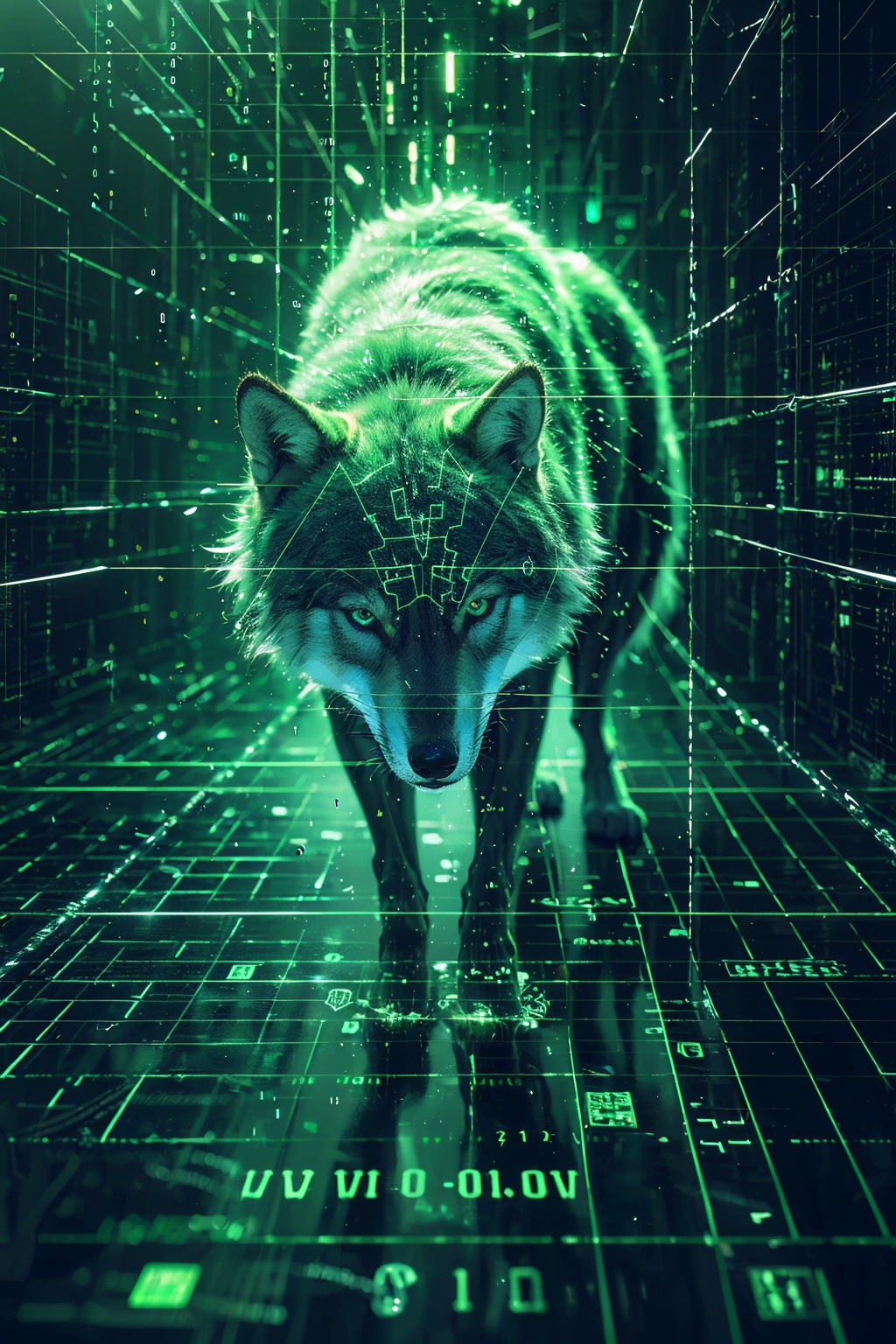 sdmai,Data streams,abstract art,binary code,cyberspace,Green theme,wolf<lora:SDMAI数字抽象线性艺术:0.75>,