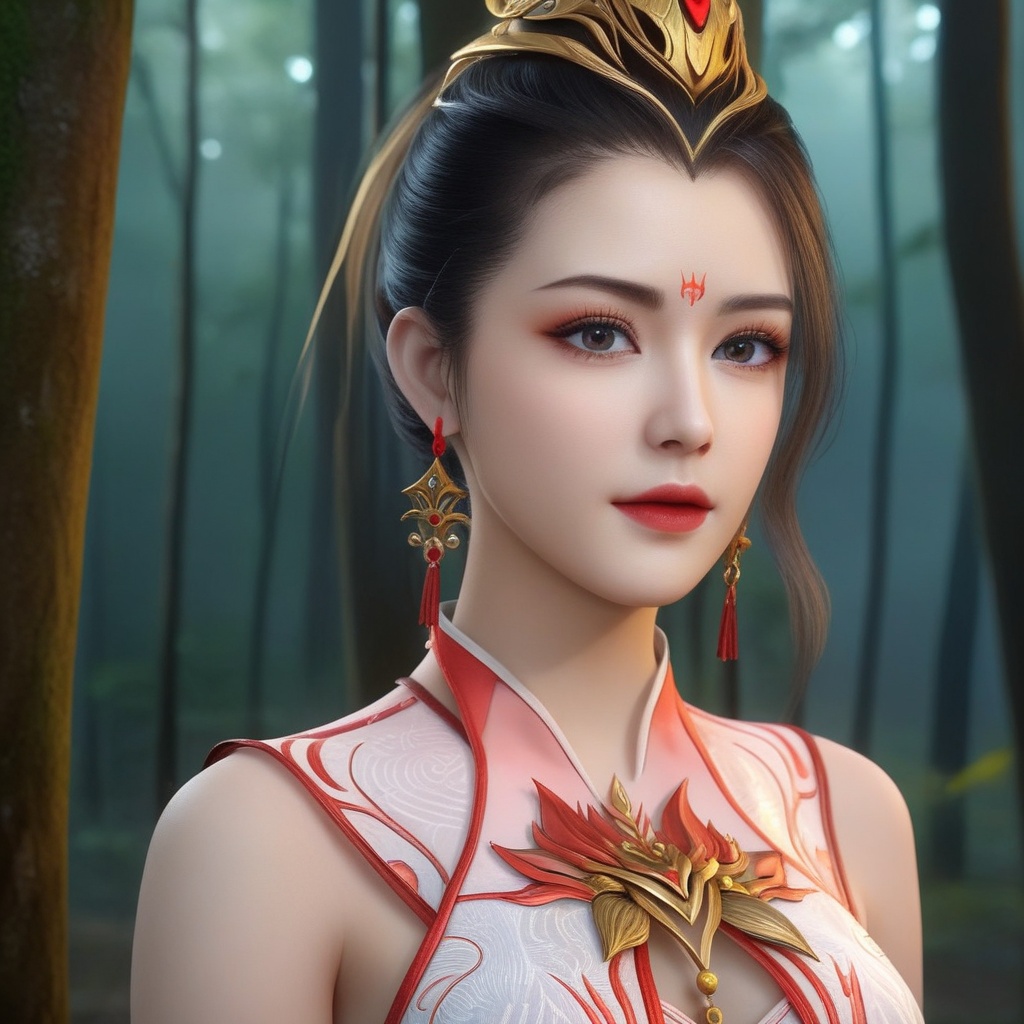 <lora:710-DA-XL-师兄啊师兄-酒玖:0.8>(,1girl, ,best quality, ),looking at viewer,  ,ultra detailed background,ultra detailed background,ultra realistic 8k cg,(masterpiece:1.2),(best quality:1.2),(ultra detailed:1.2),(official art:1.3),(beauty and aesthetics:0.8),detailed,(intricate:0.8),(highly detailed),(solo),delicate countenance,1girl,fancy,(glassy texture:1.2),(crush:1.2),8k,accessory,tattoo,(transparent:1.1),gown,energy encirclement,instant,in the twinkling of an eye,upper body,woman in a mythical forest, masterpiece, perfect face, intricate details, horror theme, raw photo, photo unp(cleavage),, 