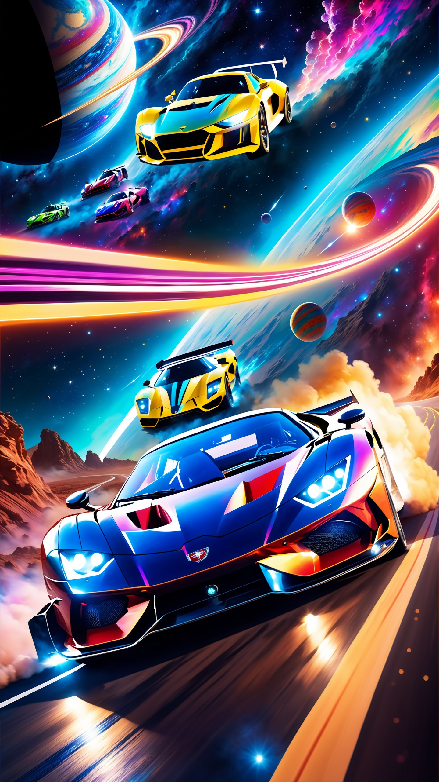(masterpiece, best quality), high resolution, (8k resolution), (ultra detailed), The picture shows a car trail suspended in the starry sky, Two racing cars racing towards the camera, Super sports car, Plasma engine, Colorful planets and nebulae in the background, hyper realistic, more details, low saturation, realism, photorealistic