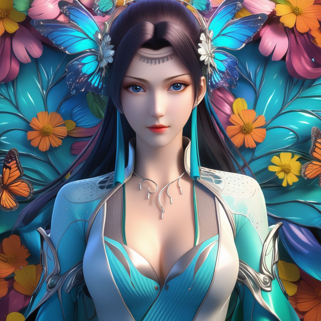 <lora:786-DA-XL-斗破苍穹-云韵-绿服:0.8>, (,1girl, ,best quality, ),looking at viewer,,anime,(masterpiece, top quality, best quality, official art, beautiful and aesthetic:1.2), (1girl)	, , (cleavage),, extreme detailed,(fractal art:1.3),colorful, flowers ,highest detailed,()    (cleavage),butterfly,  (),