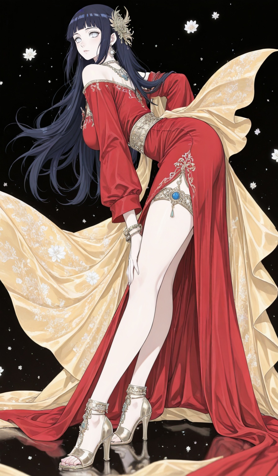 hyuuga hinata Naruto,1girl,hyuuga hinata,solo,long hair,blunt bangs,black hair,(white eyes:1.3),large breasts,no_pupils,1girl,solo,dress,red dress,jewelry,full body,high heels,white background,cape,simple background,necklace,standing,bracelet,hair ornament,looking at viewer,depth of field,masterpiece,best quality,very aesthetic,alternate costume,alternate costume,2024,2023,perfect composition,ultra-detailed,extreme aesthetic,masterpiece,best quality,good quality,newest,year 2024,year 2023,very aesthetic,absurdres,looking_at_viewer,colorful,<lora:色彩滤镜:0.81>,lvjing,black_background,