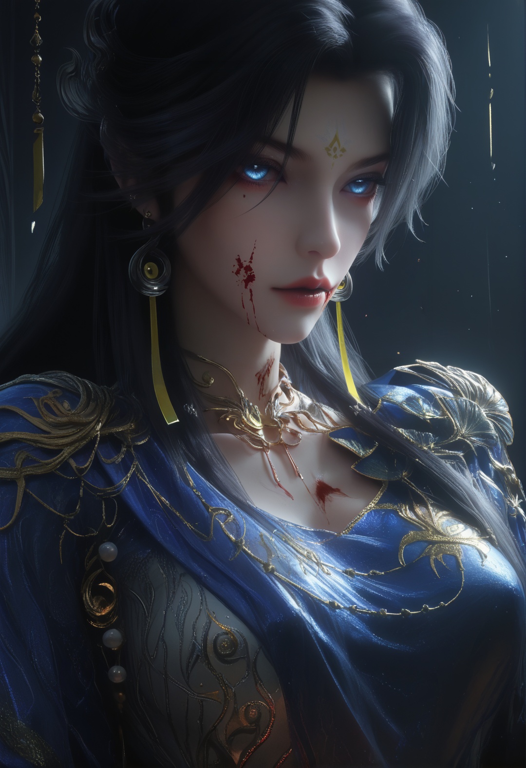 supermodel,score_8_up,score_7_up,hyperdetailed,hyperrealistic,volumetric lighting,focus on face,textured skin,eye lighting,SkinHairDetail,zPDXL,intricate and refined delicate details,unreal engine,very attractive,ultra high res,Expressiveh,realistic skin,score_9,score_8_up,score_9,score_8_up,1 girls,high cold face,yujie,breasts,jewelry,beautiful eyes,detailed eyes,best quality,<lora:曦和城主:0.8>,beads,blood on face,blue eyes,chinese clothes,earrings,eyelashes,flower,jewelry,long hair,on side,xihe,sitting,full body,