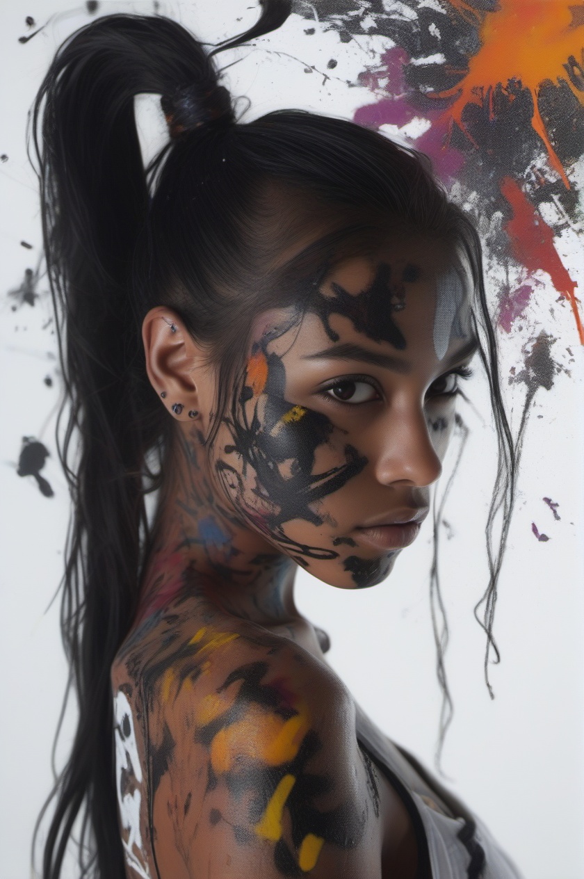 tuya,1girl,solo,long hair,black hair,looking at viewer,brown eyes,dark skin,paint splatter,facepaint,ponytail,tattoo,dark-skinned female,hair ornament,upper body,from side,<lora:tuya-000008:0.8>,