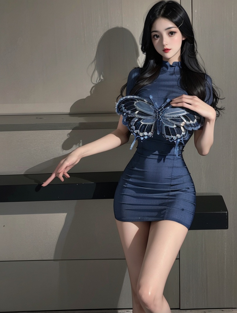 (masterpiece, best quality:1.4),finely detailed,1girl,solo,pale skin,perfect body,standing,<lora:性感蓝色蝴蝶结抹胸连衣裙-000008:0.8>,blue dress,butterfly,dress,(large breasts:1.2),