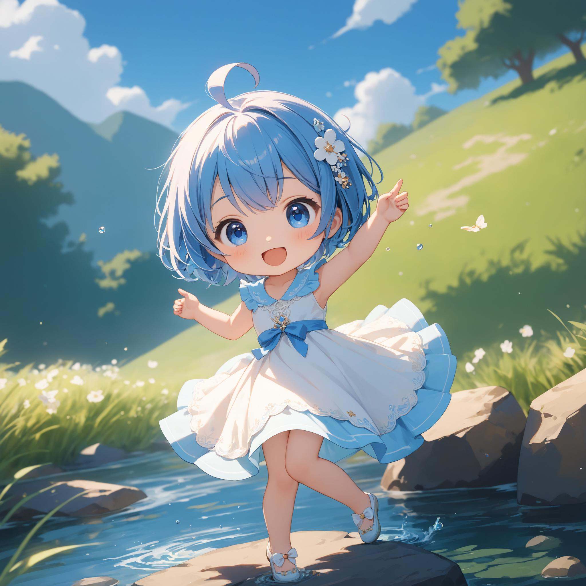 SceneDescription: - Composition: Full body shot. Cinematic angle. - Subject: A cute girl. - Characteristics: - Hair: Sky-b...