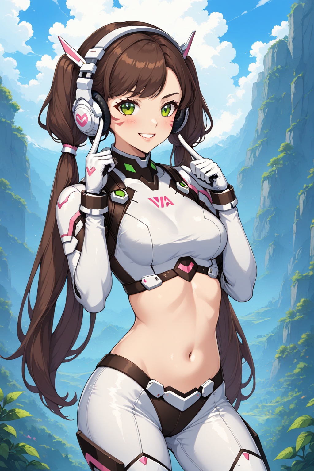 1girl,solo,long hair,breasts,looking at viewer,blush,smile,bangs,brown hair,gloves,long sleeves,navel,twintails,medium breasts,green eyes,upper body,parted lips,midriff,white gloves,hand up,stomach,grin,crop top,cosplay,bodysuit,headphones,low twintails,facial mark,short twintails,index finger raised,arm behind back,whisker markings,d.va \(overwatch\),<lora:蔚蓝Blue2D游戏角色tusi:1.5> <lora:蔚蓝Blue中国龙SDXL:0.8> <lora:蔚蓝Blue_ROPG游戏_SDXL_Pony:0.8>