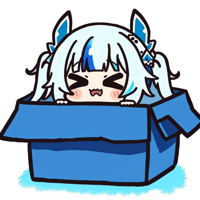 ((HRD, HUD, 8K)),((masterpiece, best quality)), highly detailed, soft light,EmojiPack, 1girl, in container, gawr gura, virtual youtuber, tail, in box, fish tail, shark tail, >_<, blue hair, streaked hair, hood, multicolored hair, chibi, grey hair, solo, hair ornament, white background, simple background, two side up, hoodie, bangs, box, blue hoodie, blunt bangs, :3, hood down, shark hair ornament, closed eyes, cardboard box, long sleeves, closed mouth, shark girl, long hair, blush, sharp teeth, <lora:20240527-1716802627504:0.9>