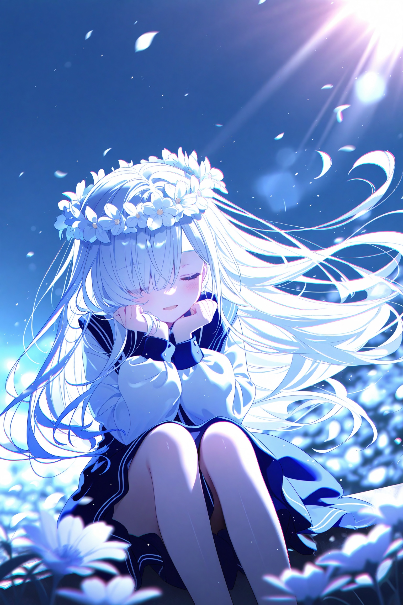masterpiece,best quality,high quality,loli,chromatic_aberration,Blue Theme, // 1girl, solo, long hair, smile, open mouth, bangs, skirt, hair ornament, long sleeves, dress, sitting, very long hair, closed eyes, flower, white hair, multicolored hair, outdoors, parted lips, virtual youtuber, hair flower, hair over one eye, petals, floating hair, feet out of frame, sunlight, white flower, head rest, head wreath,//, official art,depth of field,detailed light,blurry background,cinematic lighting,ray tracing, ultra detailed,god rays,backlighting,photo background,film grain,chromatic aberration,volumetric lighting,depth of field,blurry background,shiny skin,floating hair,cinematic lighting,day,very aesthetic,<lora:lp22:0.8>