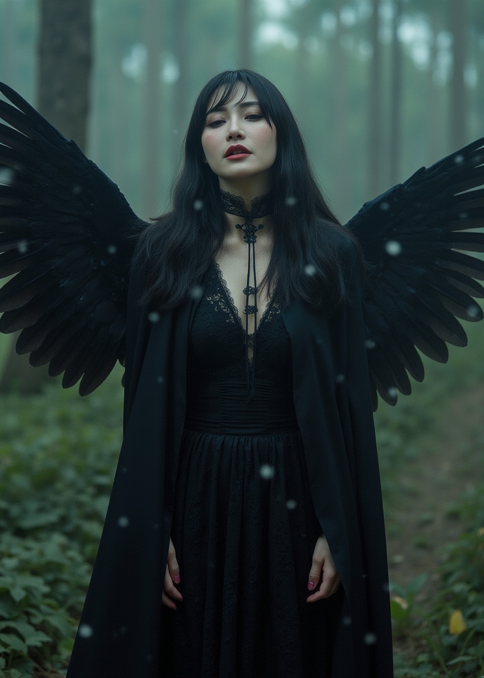 realistic portrait,film style,upper body,Aesthetics of material mourning,illusory and ethereal fairy with black wings,Gothic clothing,the background is the sacred symbol of ideal beauty that is about to disappear,translucent petals drifting with the wind,fluorescent raindrops like broken shadows,a little cold tone,natural hiding color method,complementary color coloring,hazy soft color,warm and glossy,frame composition,like dream,mystery,aestheticism,