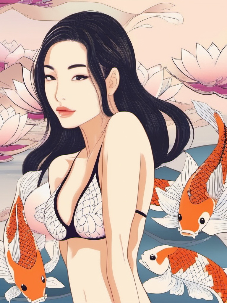 1NK ,  ,  The image shows a young woman in a bikini standing next to a large koi fish. The woman has long dark hair and is...