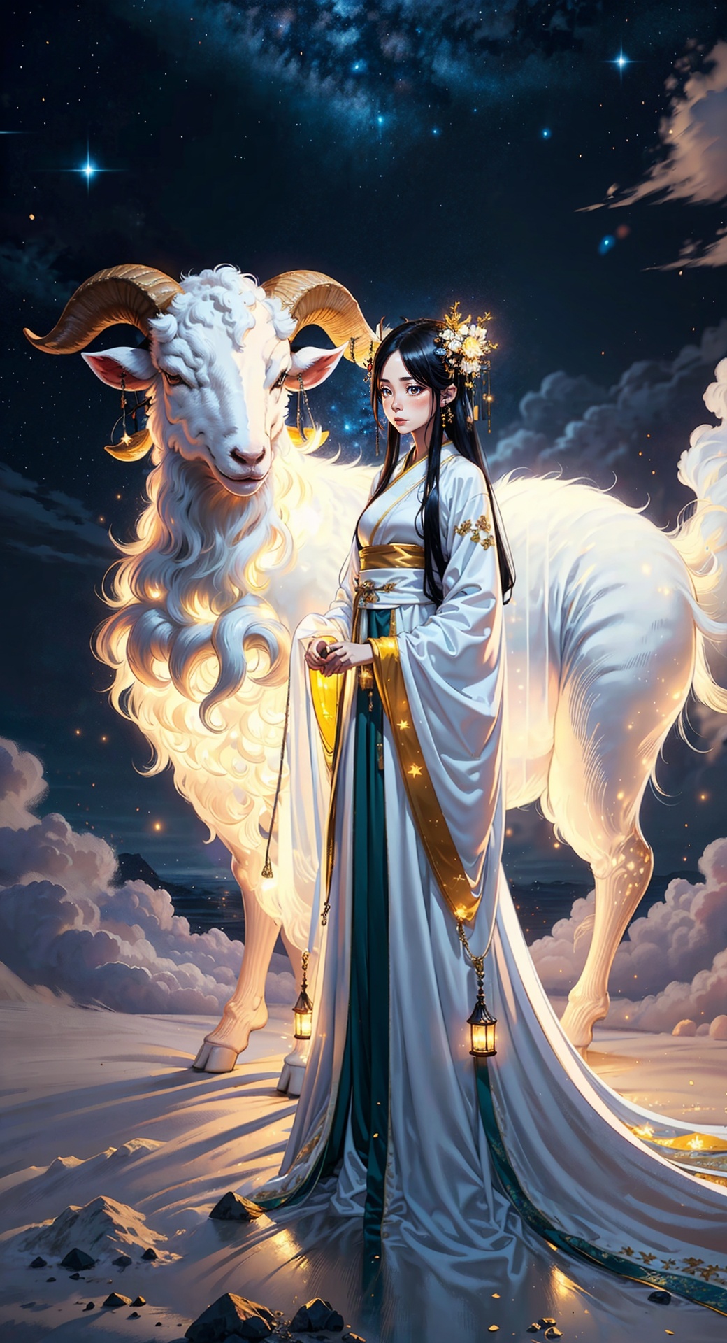 A girl in Hanfu, embroidered dress, standing next to a white goat. Black long hair, Northern Lights. The background is an endless starry sky, dotted with stars, beautiful and mysterious. Starry sky, shining like goats, twinkling stars, mysterious, charming, universe, heaven, dreamy, ethereal, tranquil, detailed details, masterpiece, high-quality