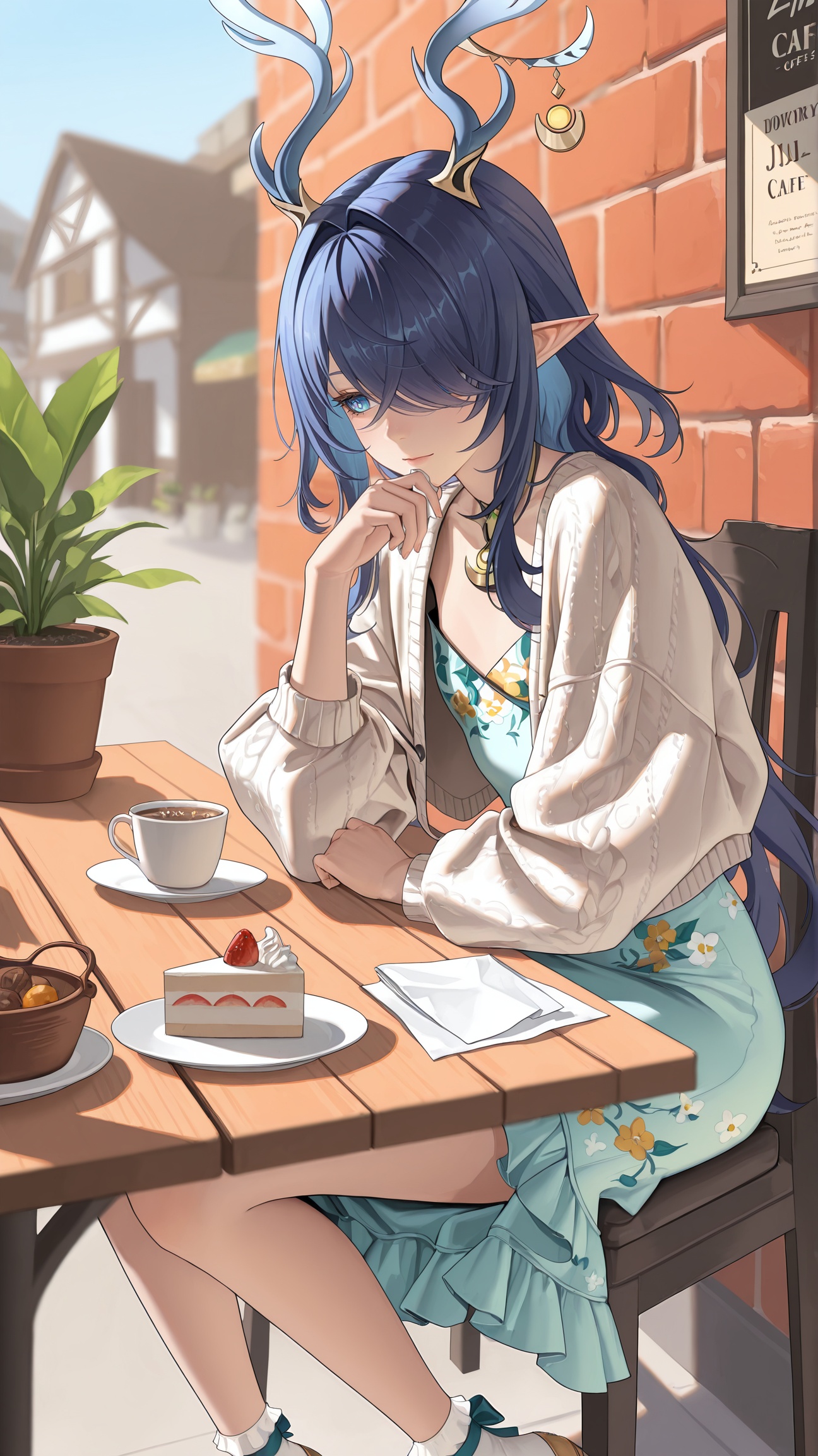 masterpiece,best quality,amazing quality,<lora:lauma_(genshin_impact)-000018:0.8>,lauma \(genshin impact\),1girl,pointy ears,hair over one eye,blue eyes,blue hair,<lora:20250808-1754650692631:0.8>,antlers,zhigan3d,flat chest,1girl,solo,floral_dress,short_sleeve_dress,ruffled_hem,white_knit_cardigan,cropped_cardigan,mary_jane_shoes,ankle_socks,small_leather_tote,holding_latte,sitting_at_outdoor_table,street_cafe,brick_wall (cafe exterior),potted_plant,small_cake_on_plate,napkin,afternoon,warm_sunshine,passersby (blurred background),shallow_depth_of_field,cozy_atmosphere,