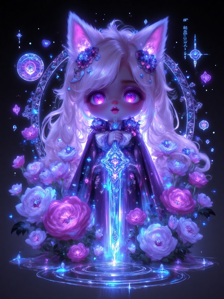 A game avatar and an adorable girl holding an ice blue crystal sword, surrounded by flowers in a light purple style. The head is a simple vector design with high-definition details. It has dark background tones and features circular ripples on a WeChat profile picture, in the style of a character wearing .