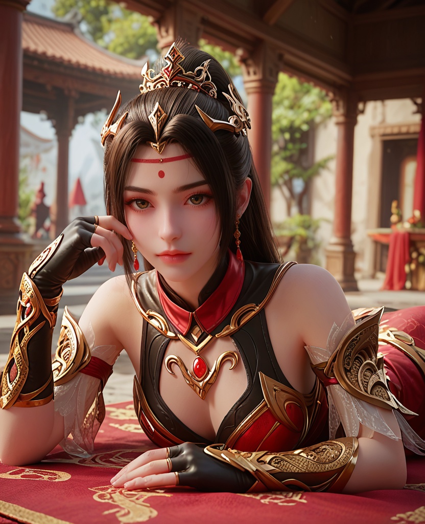 (oriental architecture, elegant decor, sophisticated style:1.1),lying on stomach,(breasts:1.2),<lora:XL完美世界火烁:0.8>,miss huoshuo,solo,red dress with black lining underneath,bare shoulders,vambraces,armored gloves,greave,brown eyes,forehead mark,black hair,half tied ponytai,earrings,jewelry,leather pants,clothing cutout,, zPDXL2, score_9, score_8_up, score_7_up BREAK realistic, masterpiece,best quality, highly detailed,, zPDXL3, zPDXL2,zPDXL, zPDXLxxx, zPDXLrl,