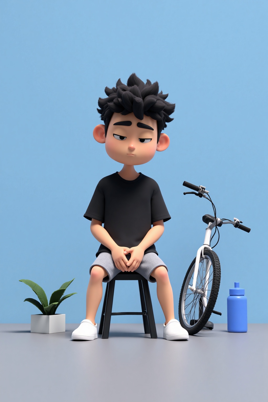 beijihui,a 3D rendering of a man in a black t-shirt and gray shorts is sitting on a black stool. The man's arms are crossed in front of him, with his hands resting on his knees. His head is tilted slightly to the right, and his eyes are squinted. His hair is short and dark, and he's wearing a pair of white shoes. To the right of the man, a white bicycle is parked, its front tire is visible. A blue water bottle is placed on the ground, and a small green plant is placed in a white box. The backdrop is a light blue, and the floor is a solid gray.