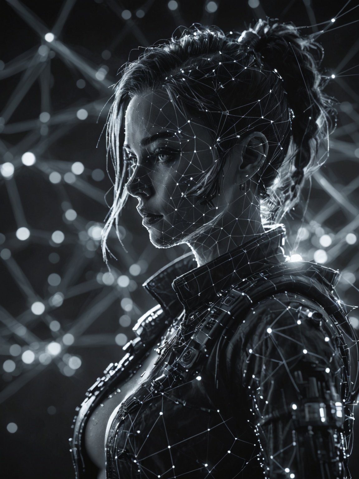 dataviz style,  black and white network data visualization in the shape of a cyberpunk girl,  masterpiece on Tensor.Art