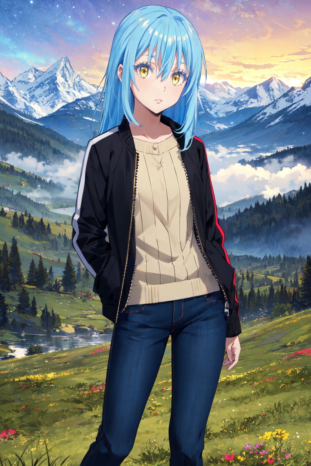 1other,looking at viewer,solo,androgynous,blue hair,long hair,hair between eyes,bangs,yellow eyes,standing,bomber jacket, striped sweater, denim jeans, suede loafers,<lora:Rimuru:0.8>,Rimuru_CYQL,bust,beautiful face,beautiful eyes,glossy skin,shiny skin,Alpine flowers, Pines, Mountain peaks, Misty valley, First light, Serene atmosphere,beautiful detailed sky,beautiful detailed glow,posing in front of a colorful and dynamic background,masterpiece,best quality,beautiful and aesthetic,contrapposto,female focus,wallpaper,fashion,