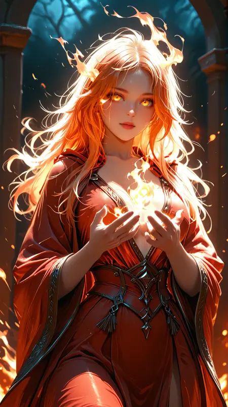 masterpiece, best quality, amazing quality, 1girl, fire mage, flaming eyes, fire swirling around hands, dark background, fantasy robes, dramatic lighting, semi-realistic style, powerful stance, Medium Shot, subject waist-up, balanced frame, clear focus