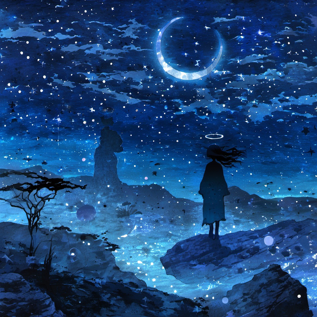 <lora:star_xl_v1:1>,The image portrays a serene nighttime scene with a silhouette of a female figure standing on a rocky terrain. She has a halo around her head, suggesting a celestial or ethereal nature. The sky is filled with stars, and there's a crescent moon visible in the top right corner. Above her, there are fish swimming in the vast expanse of the cosmos. The entire scene is bathed in a deep blue hue, giving it a dreamy and otherworldly ambiance., serene nighttime scene, silhouette of a female figure, halo around her head, stars, crescent moon, rocky terrain, fish swimming, deep blue hue