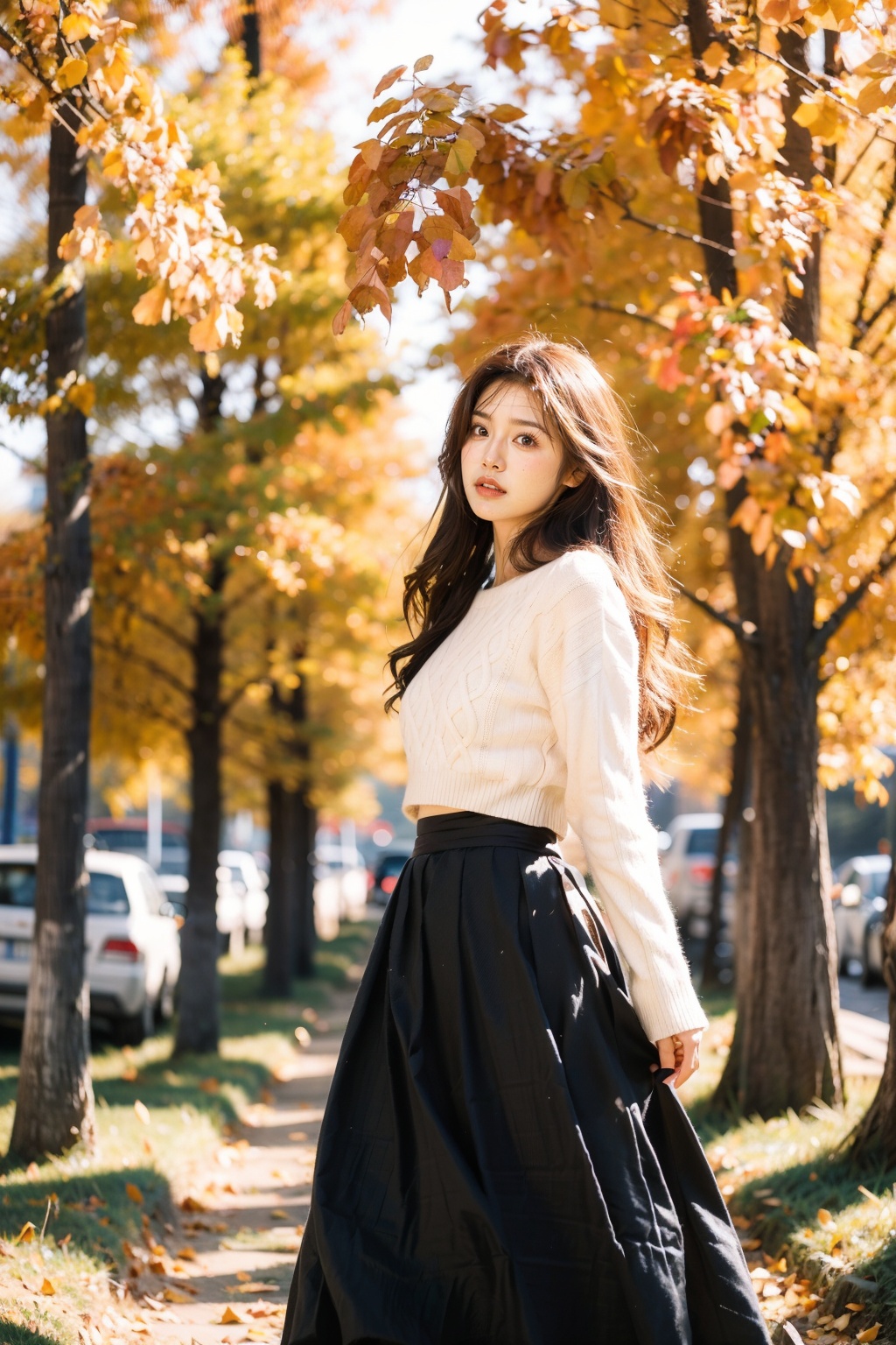 A girl with long hair, waist length black flowing hair, flowing long skirt, big eyes, pink lips, pink cheeks, red lips. Sweater, standing alone in the autumn wind. Everywhere around were dancing ginkgo leaves. Falling leaves, this is a scene of autumn, giving people a sense of tranquility and slightly melancholy. Long hair, sweaters, autumn, wind, ginkgo leaves, loneliness, tranquility, melancholy, black movies.