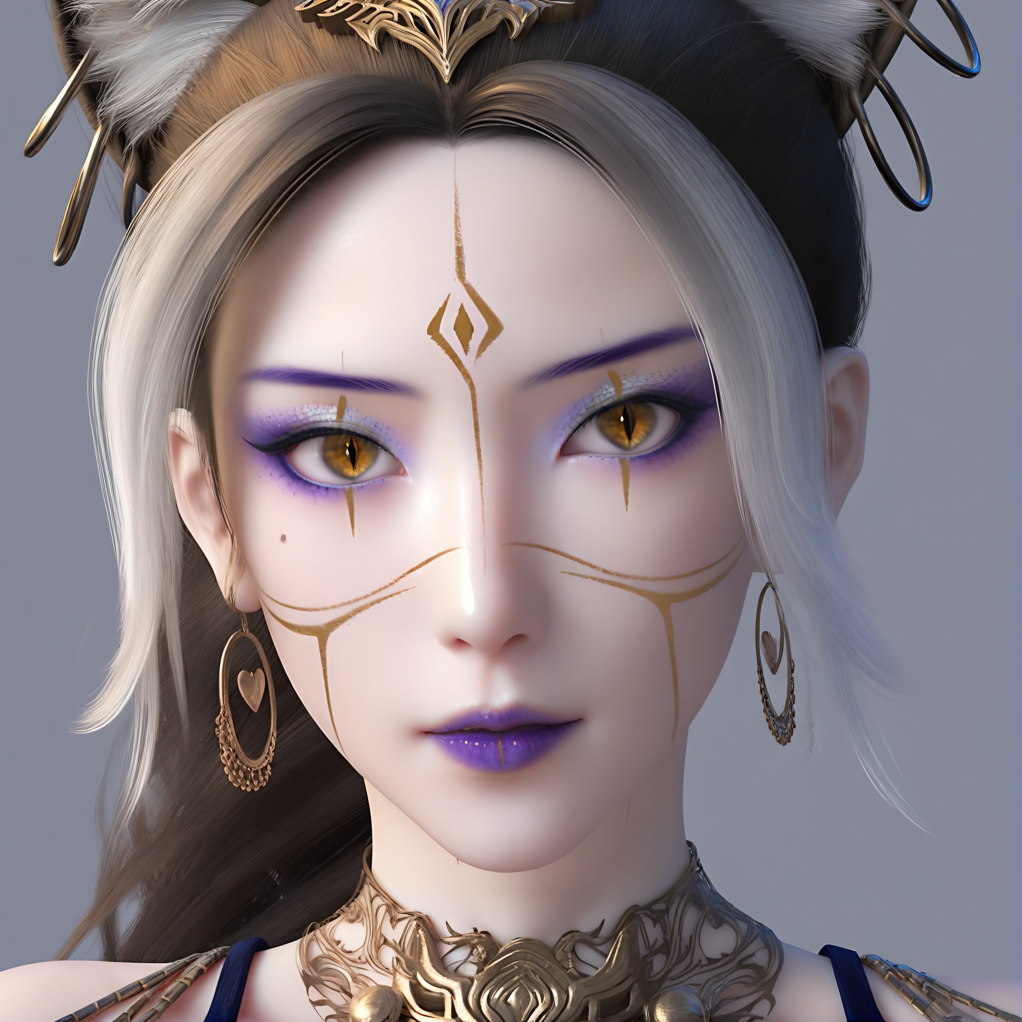 (score_9),portrait,(close-up),solo focus,(eye focus),<lora:凤羽-apony-000009:0.8>,fy,1girl,solo,long hair,braided ponytail,hoop earrings,streaked hair,animal ear fluff,cat ears,brown hair,hair ornament,purple lips,facial mark,layered necklaces,purple eyeshadow,scar across eye,brown eyes,forehead mark,feather hair ornament,<lora:perfect eyes_v1:0.8>,light blush,slit_pupils,bright_pupils,BREAKlooking at viewer,front view,<lora:e肤色滑块:0.25>,fair_skin,(pale_skin),(white skin),<lora:e色温:0.35>,light skin,(sweaty_skin),<lora:RealisticSkinv1_ponyv6_loraplus:0.3>,real skin,<lora:皮肤凹痕:1.2>,BREAKsimple background,grey background,ultra-detailed skin texture,detailed textures,4K ultra HD,sharp focus,high detail,natural lighting,high contrast,hearts,<lora:SDS-XL泛光调节器_v1.0:1>,Volumetric Lighting,Tyndall effect,