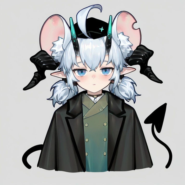 masterpiece, best quality,solo,(grey background:1.2),simple background,1girl,looking at viewer,black hat,  dajiaoshu_style,DK_zhengzheng_style,shuangweihuixing,mouse girl,rat ears,horns,blue eyes,pointy ears,ahoge,white hair,2 tails,animal ear fluff,demon tail,demon horns,short hair,twintails,<lora:双尾彗星-3.0-Ill20p:0.8>