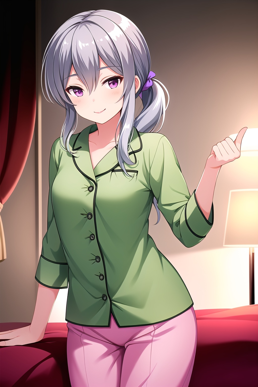 (masterpiece, best quality), highly detailed background, perfect lightingbest quality, shigetoakiho, solo, indoors, bedroom, grey hair, low ponytail, hair between eyes, very long hair, purple eyes, small breasts, green pajamas, green pants, smile, closed mouth, :), pink lips, <lora:Shigeto-Akiho:0.7>