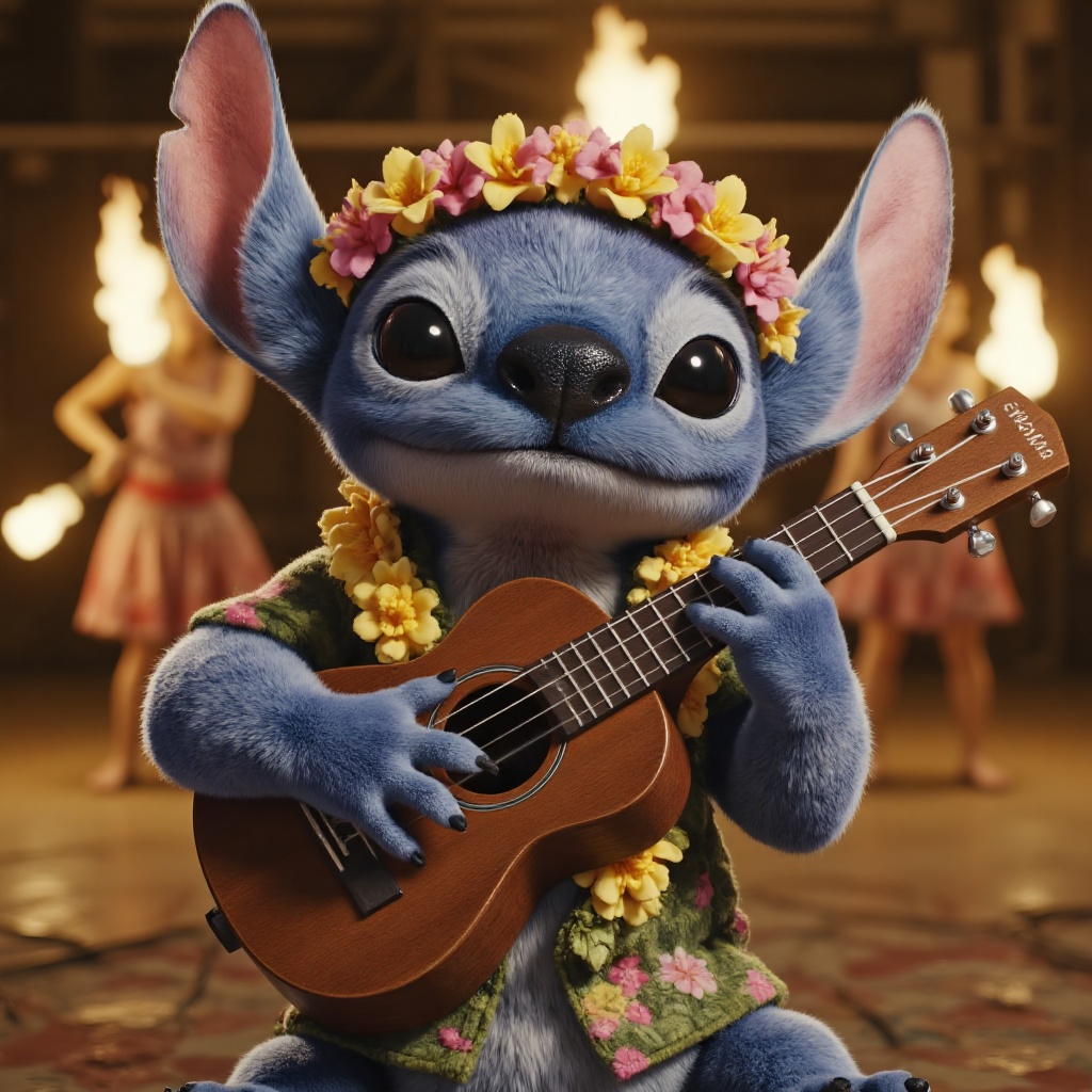 stt Wearing a floral shirt and playing the ukulele,with four paws messing up the strings,hula skirt dance background fire dancers,exaggerated expressions.,