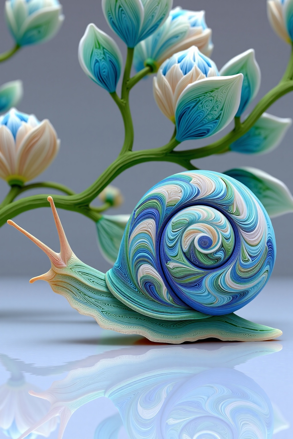 beijihui,Captured at eye-level on a reflective reflective surface, the snail's shell is adorned with intricate swirls of blue, white, and green. The snail's head is positioned on the left side of the image, while the shell is on the right side. The shell, adorned with a swirl of blue and white swirls, is adorned in a vibrant shade of green, while its tail is a lighter shade of teal. The stem of the snail is a vibrant green, adding a pop of color to the scene. The background is blurred, creating a soft focus on the snail.