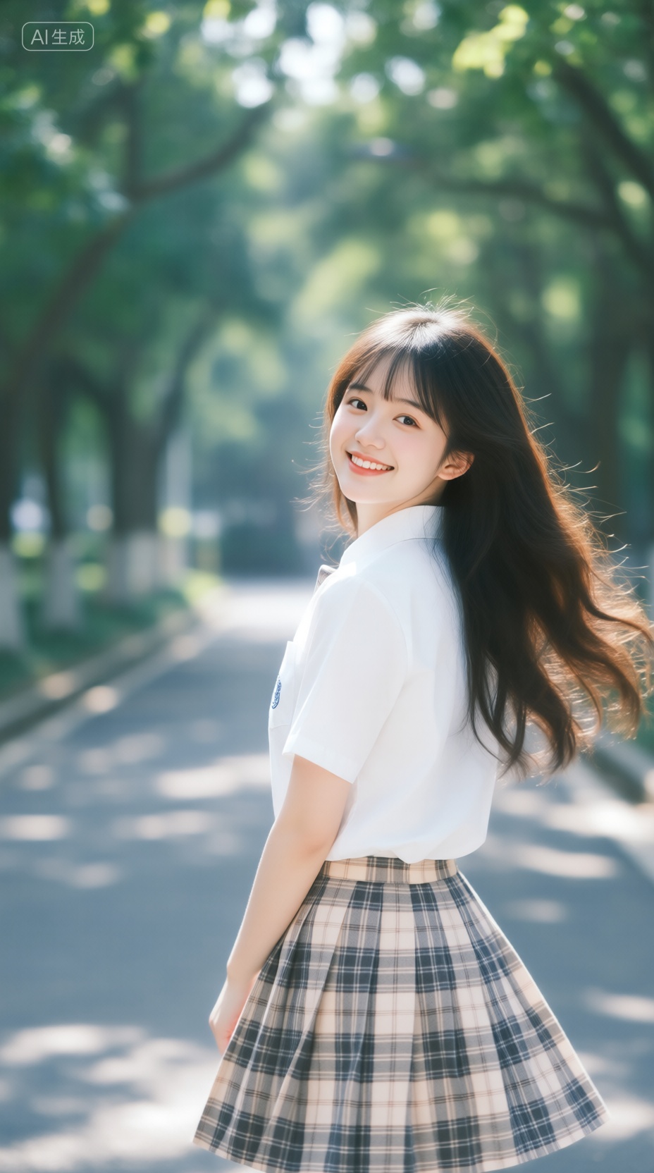 meinvzi,真人摄影,一位清纯的初恋学妹女友,在清晨的林荫道上回眸微笑,阳光透过树叶形成斑驳的光影,洒在她柔顺的长发和白皙的脸庞上,她穿着干净的白色衬衫和格纹短裙,眼神清澈充满活力,背景是模糊的绿色植物,突出人物主体,精致的壁纸风格,absurdres,细节锐利,皮肤纹理细腻,发丝分明,, 镜头参数: Canon EOS R5,RF 85mm f/1.2L,光圈f/1.8,快门1/500s,ISO 100,, Negative prompt: ng_deepnegative_v1_75t,(badhandv4:1.2),EasyNegative,(worst quality:2),,nsfw, Steps: 25, Sampler: Euler, CFG scale: 3.5, Seed: 710784836, Size: 928x1664, Model hash: 98763a1277, Model: Qwen-Image_1.0.safetensors, Denoising strength: 0, RNG: CPU, Lora 1: 亚洲美女子-qwen, Lora Hash 1: e7ed80e4f5, Lora Weight 1: 0.88, vae_name: automatic