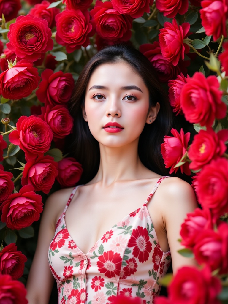 miluo_htjc,flowers,A fair skinned woman wearing a floral dress, immersed in a vibrant sea of roses. Her dark hair is loosely styled, and her delicate symmetrical face is outlined with red lipstick and delicate cosmetics. This photo has romantic and dreamlike qualities.<lora:miluo丨极致人像丨花团锦簇-1.3:1>