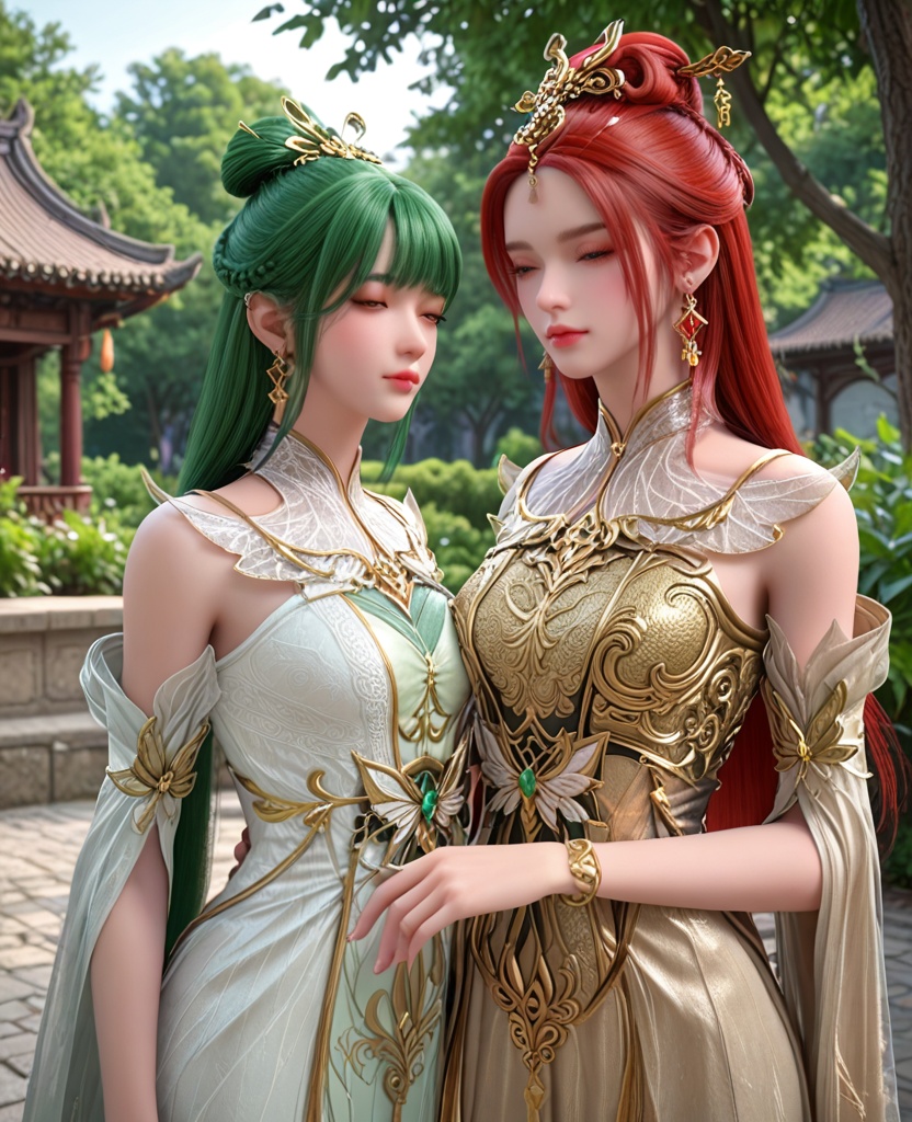 (oriental architecture, elegant decor, sophisticated style:1.1),Resting against a tree, eyes closed, showing a moment of peaceful relaxation in nature,,(breasts:1.2),<lora:XL完美世界天人族姐妹花P2:0.9>,bar basement,(sisters:1.4),(2girls:1.4),chinese clothes,2girls characters in different outfits and hair styles,one with green hair and the other with red hair,, zPDXL2, score_9, score_8_up, score_7_up BREAK realistic, masterpiece,best quality, highly detailed,, zPDXL3, zPDXL2,zPDXL, zPDXLxxx, zPDXLrl,