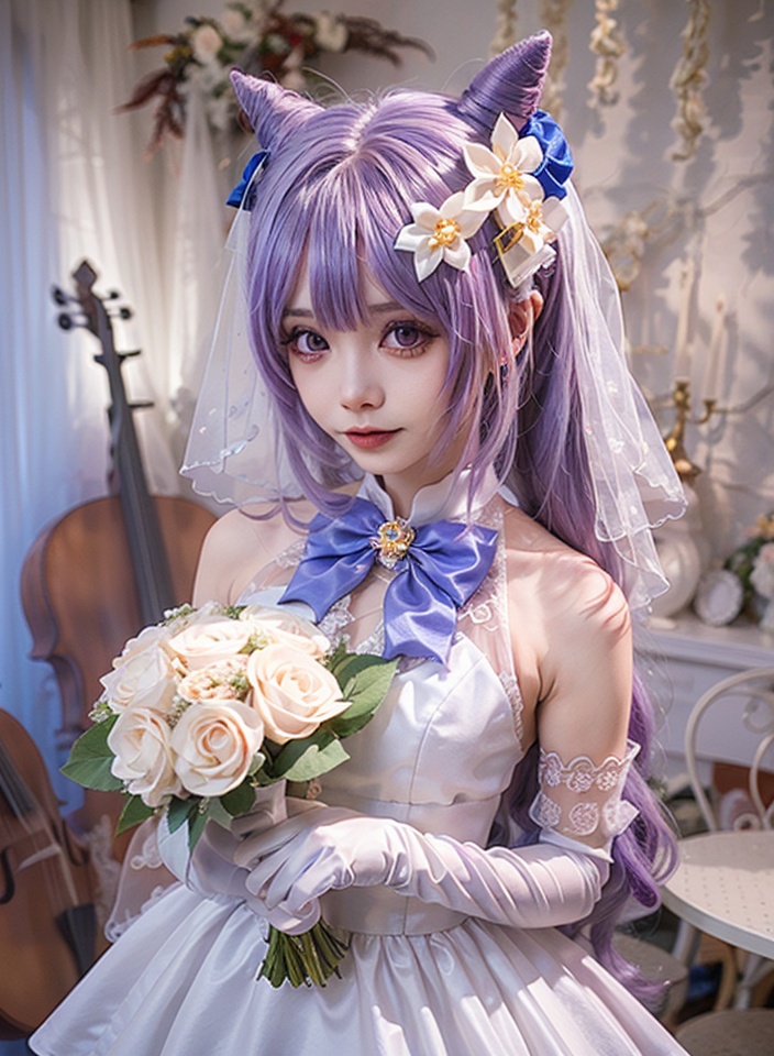 aiwest,1girl,purple hair,dress,keqing \(genshin impact\),cone hair bun,instrument,solo,purple eyes,white dress,wedding dress,hair bun,hair ornament,veil,gloves,elbow gloves,bride,bridal veil,bare shoulders,twintails,long hair,double bun,hair flower,<lora:aiwest_20231231155804:0.8>,