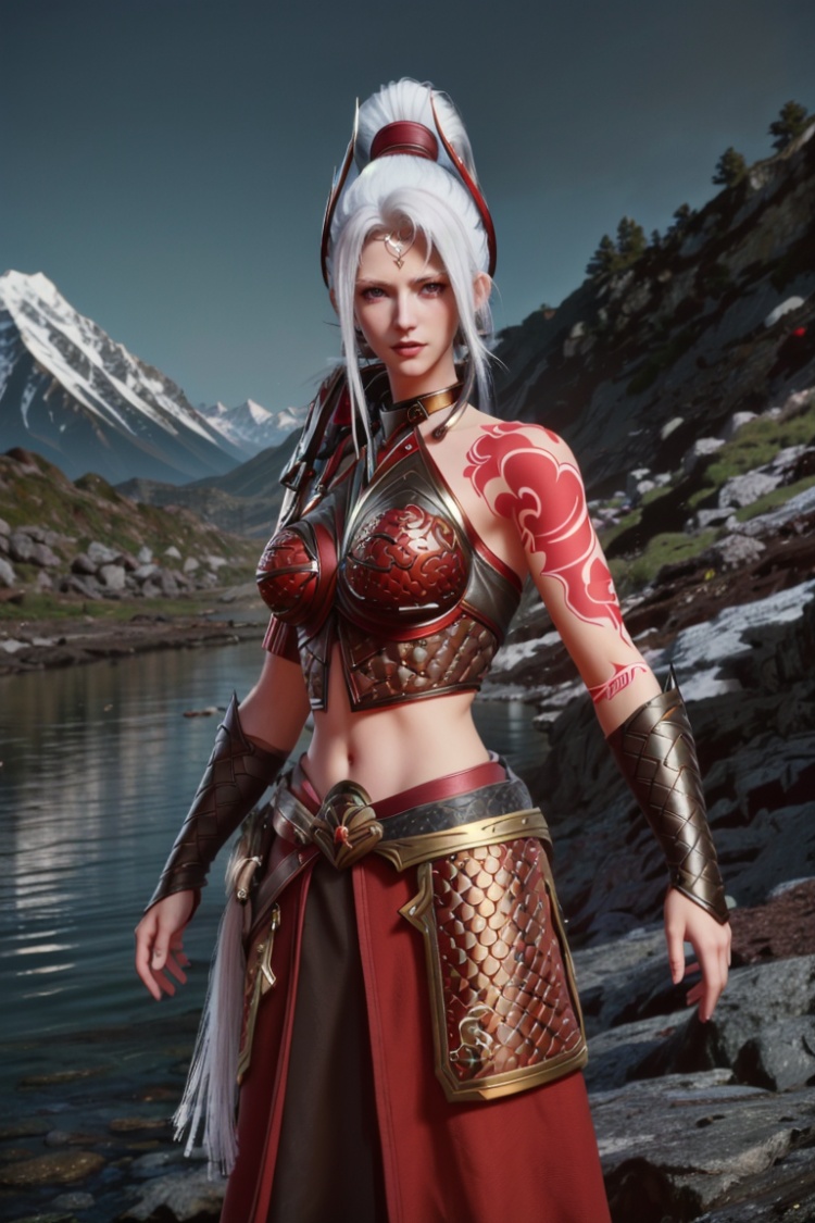 ((HRD, HUD, 8K)),((masterpiece, best quality)), highly detailed, (perfect anatomy:1.2),1girl, solo, white hair, long hair, red eyes, ponytail, tattoo, armor, midriff, mountain, river, water, (cowboy shot), standing, looking at viewer, <lora:20231207-1701946872440:0.74>