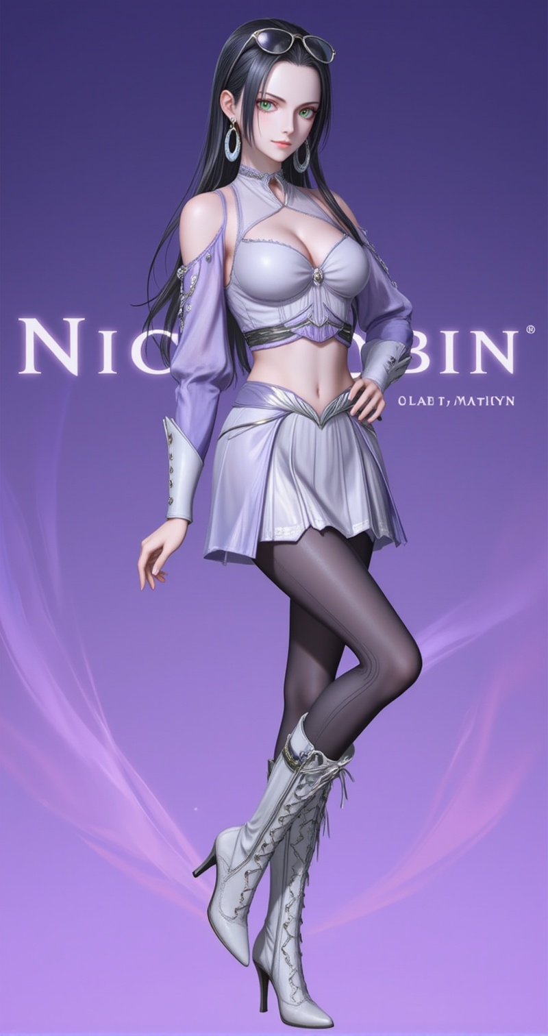 <lora:罗宾·泛化型8:1>,luobin,black hair,sunglasses,nico robin,looking at viewer,green eyes,eyewear on head,long hair,1girl,forehead,eyelashes,earrings,jewelry,cover,gradient background,close-up details,outstanding style,adding a touch of dimension to your images without compromising details,close-up,<lora:DJ滤镜_2.5D版:0.4>,lvjing,<lora:油画唯美滤镜15:0.2>,baoshi,<lora:白沉香衣服·5:1>,chen,1girl,solo,boots,midriff,high heels,navel,high heel boots,long sleeves,crop top,breasts,skirt,pantyhose,white footwear,knee boots,detached sleeves,full body,purple background,standing,standing on one leg,6,