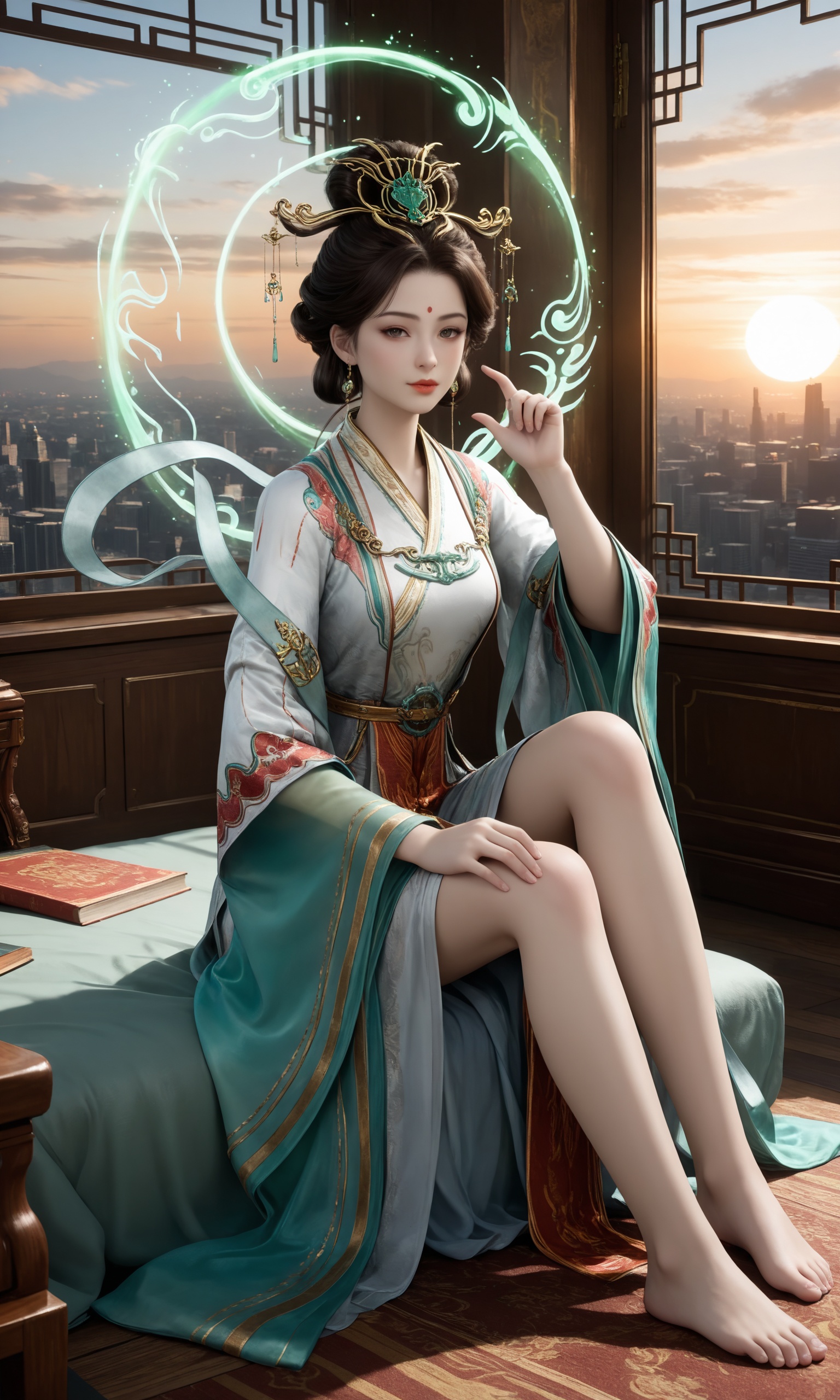 <lora:遮天-西王母IL:0.7>,1girl,dark brown hair,updo,gold and green ornaments,long,flowing traditional Chinese dress with  green and white,accented with gold and red embroidery,wide sleeves,high collar,barefoot,glowing, semi-transparent green circular halo with swirling patterns, Behind her,, 1girl,solo,sitting,window,frills,sky,cloud,indoors,cityscape,closed_mouth,sun,looking at viewer,
