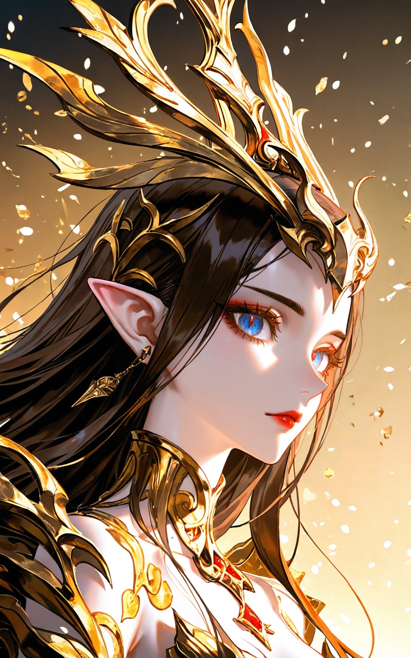 <lora:美杜莎-0.0819:0.6>,meidusha,1girl,pointy ears,solo,long hair,earrings,jewelry,black hair,crown,hair ornament,looking at viewer,brown hair,blue eyes,red lips,makeup,(upper_body:1.1),close-up details,outstanding style,adding a touch of dimension to your images without compromising details,whirls of vapor,iridescent textures,(Anime:1.1),ethereal ambiance,delicate details,magical high-concept,32K UHD,sharp focus,best-quality,masterpiece,golden hour,unconventional supreme masterpiece,masterful details,temperate atmosphere,with a high-end texture,in the style of fashion photography,photography,cover,dynamic angle,dynamic posture,(artist:quasarcake:0.8),extreme aesthetic,(wlop:0.6),(honjou raita, lack, rella:0.5, wanke),masterpiece,best quality,good quality,very aesthetic,absurdres,visual impact,a shot with tension,ultra-high resolution,32K UHD,sharp focus,best-quality,masterpiece,emotionalization,unconventional supreme masterpiece,masterful details,temperate atmosphere,with a high-end texture,in the style of fashion photography,(visual impact:1.2),giving the poster a dynamic and visually striking appearance,impactful picture,official art,colorful,splash of color,movie perspective,masterpiece,best quality,amazing quality,very aesthetic,absurdres,best quality,newest,