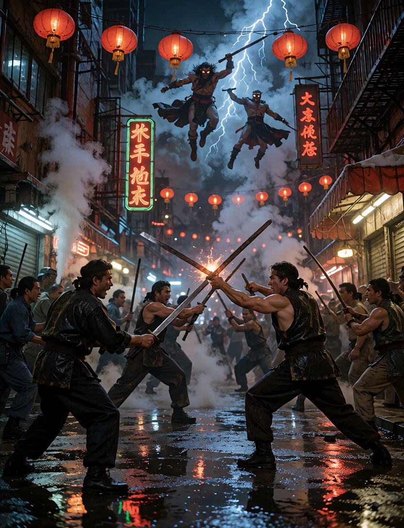 1980s Chinatown at night,  two rival martial arts gangs fighting in a narrow rain-soaked alley,  dozens of men with swords...